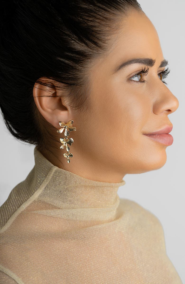 Adornia 14k Yellow Gold Plated Three Petal Drop Earrings, Alternate, color, Gold