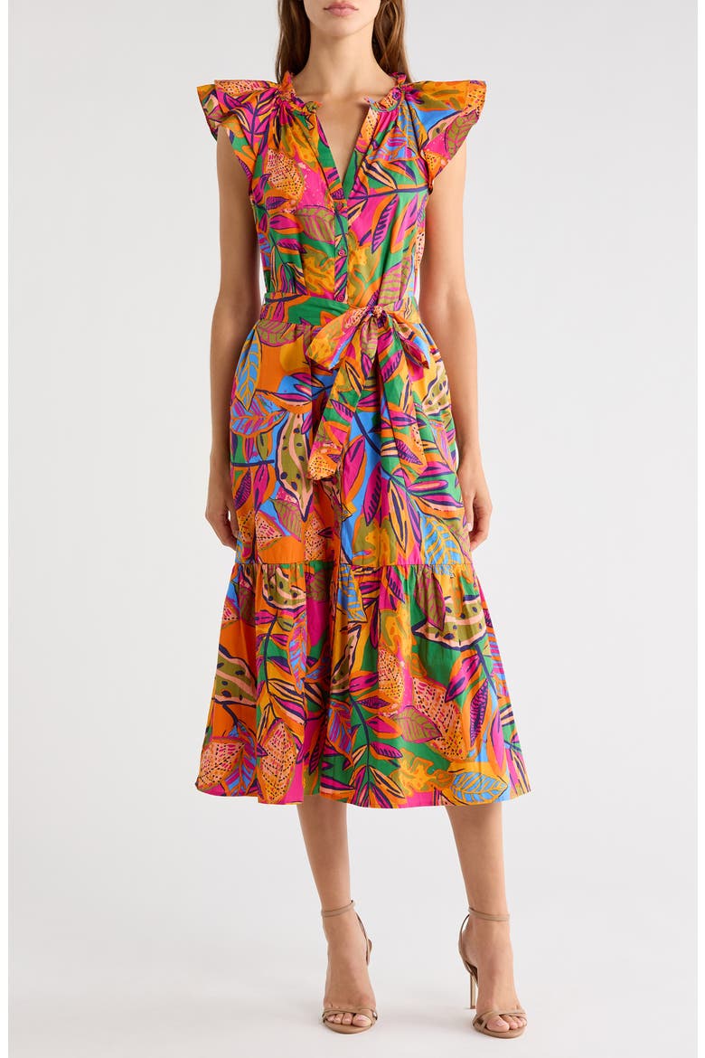 Milana Tropical Print Tiered Cotton Midi Dress, Main, color, ORANGE-PINKS-MULTI