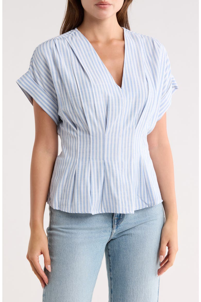 Stripe Short Sleeve Pleated Front Top, Main, color, BLUE CONDUCTOR STRIPE