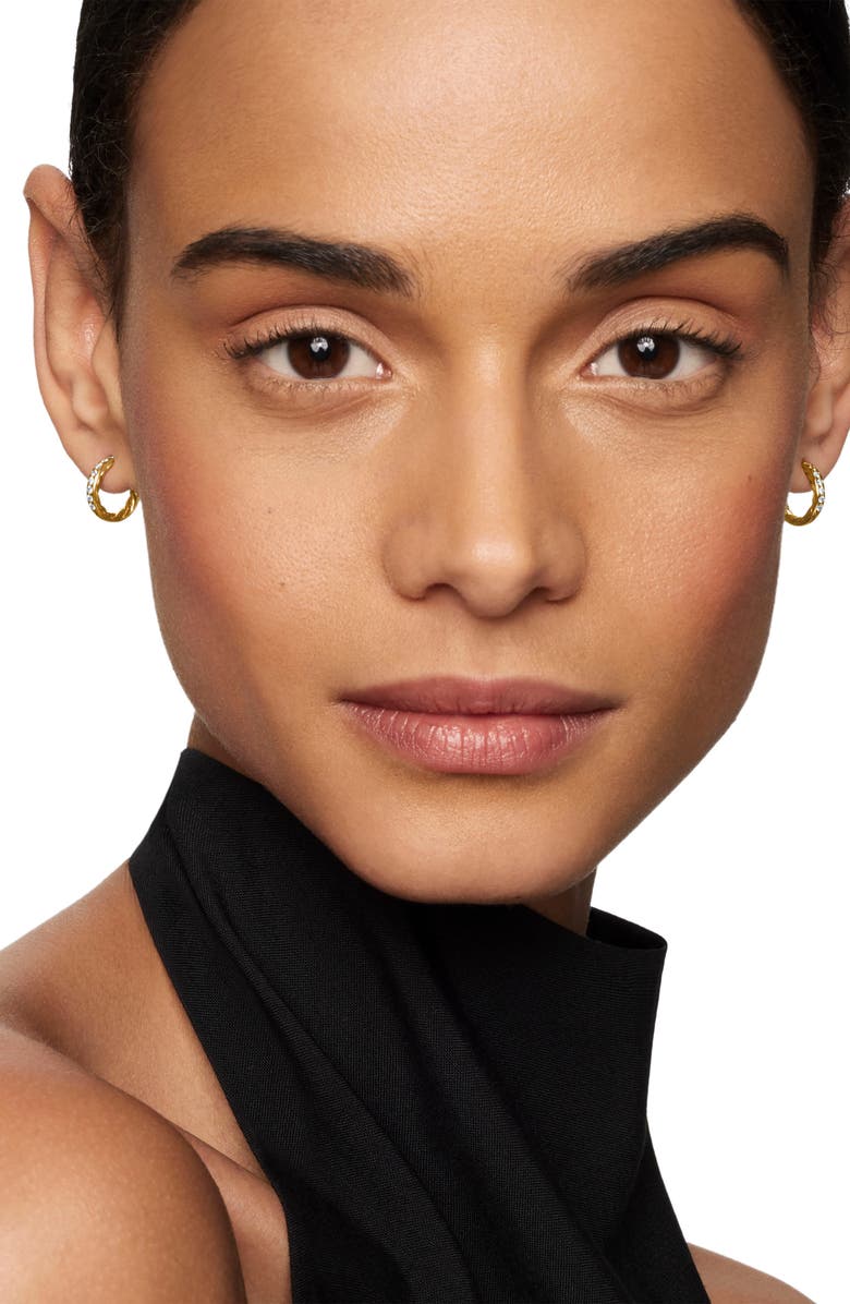 David Yurman Sculpted Cable Pavé Diamond Huggie Hoop Earrings, Alternate, color, 18K Yellow Gold