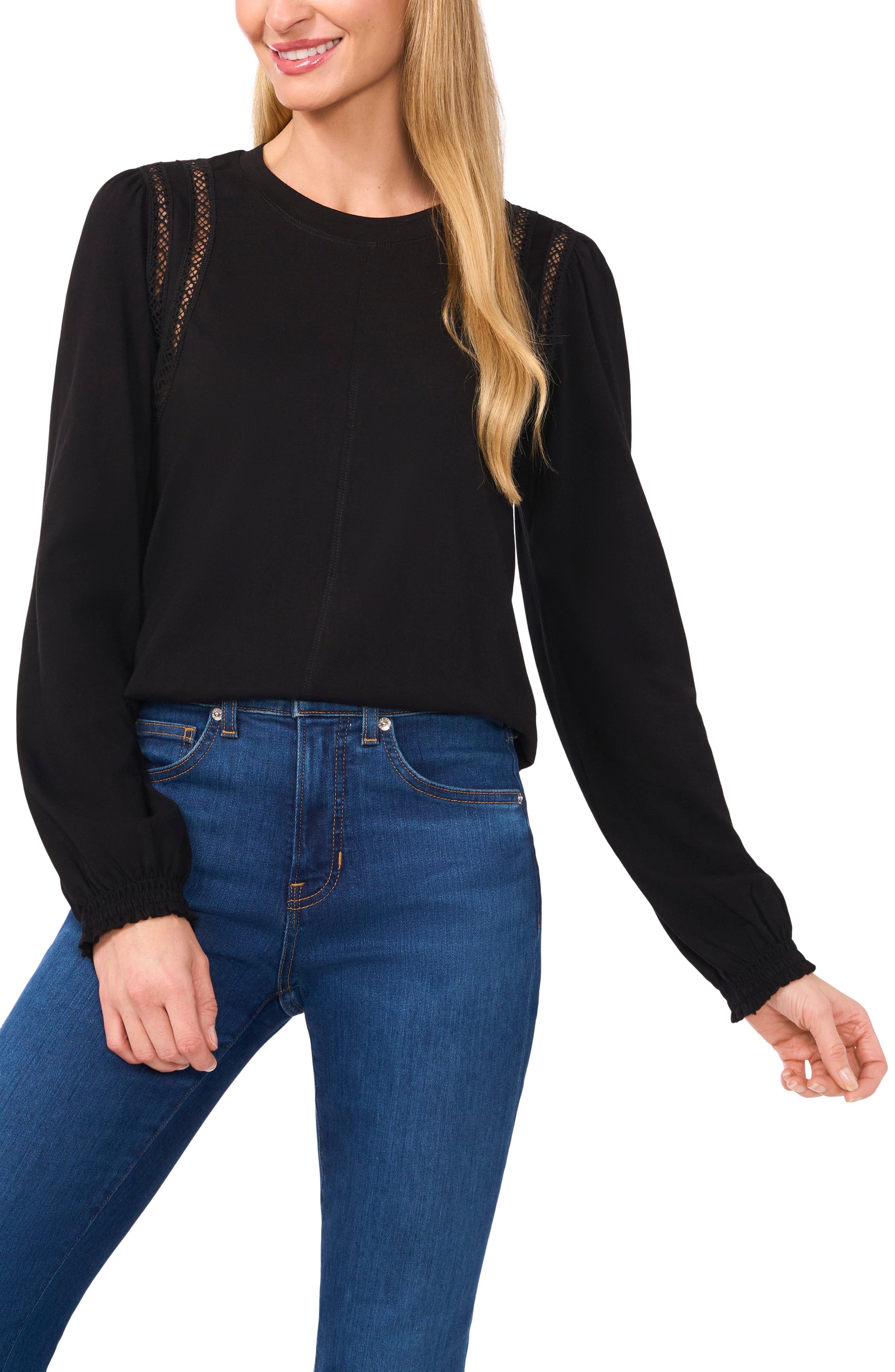 CeCe Lace Inset Long Sleeve Jersey Top in Rich Black 