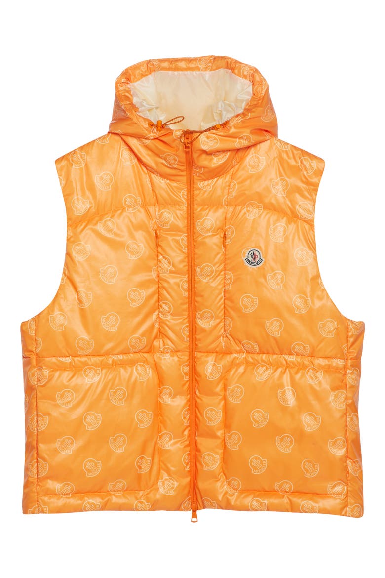 Alkarab Logo Print Hooded Down Vest, Alternate, color, ORANGE WHITE LOGO PRINT
