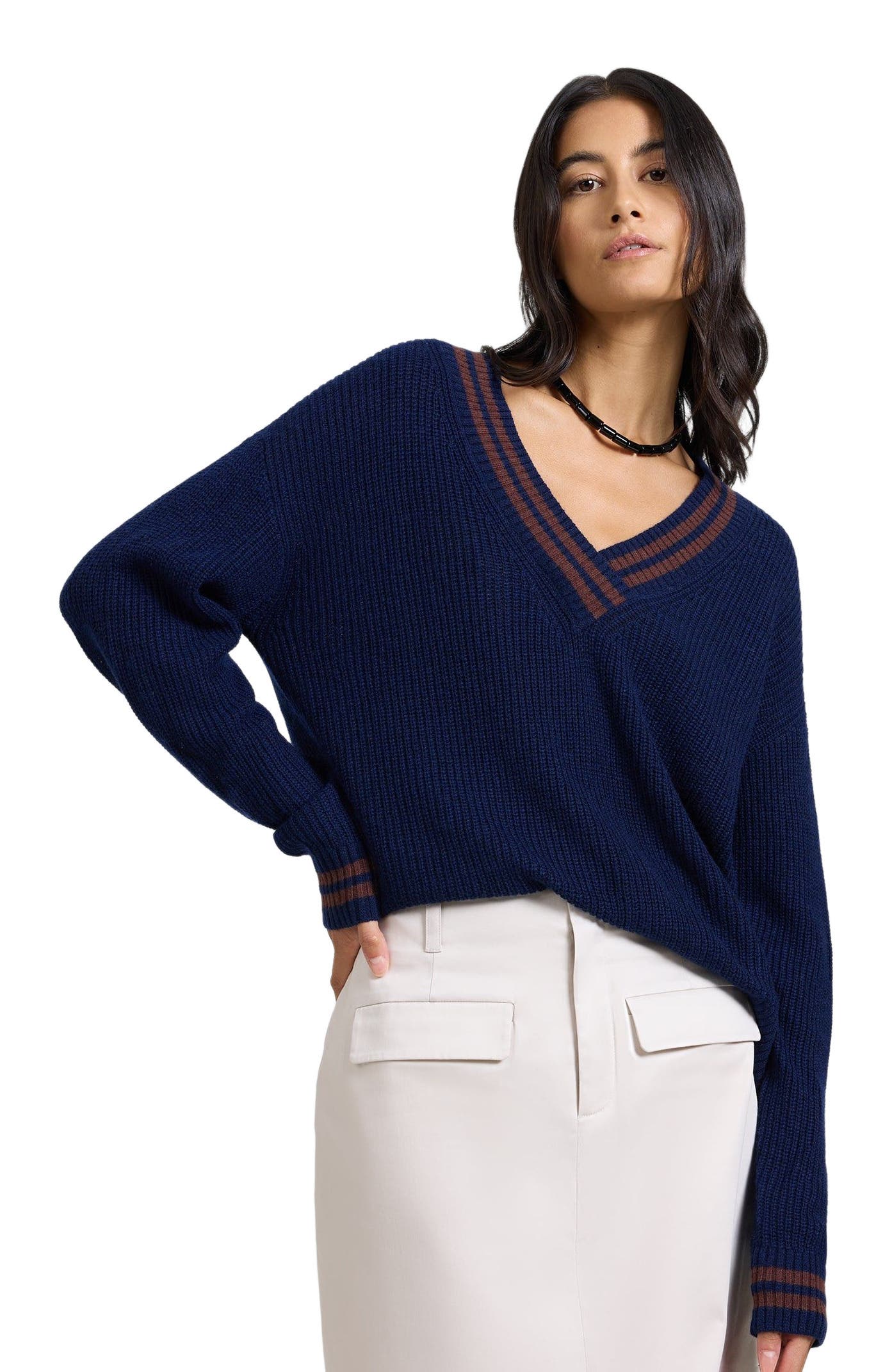 Deep V-neck Varsity Pullover Sweater - image 4