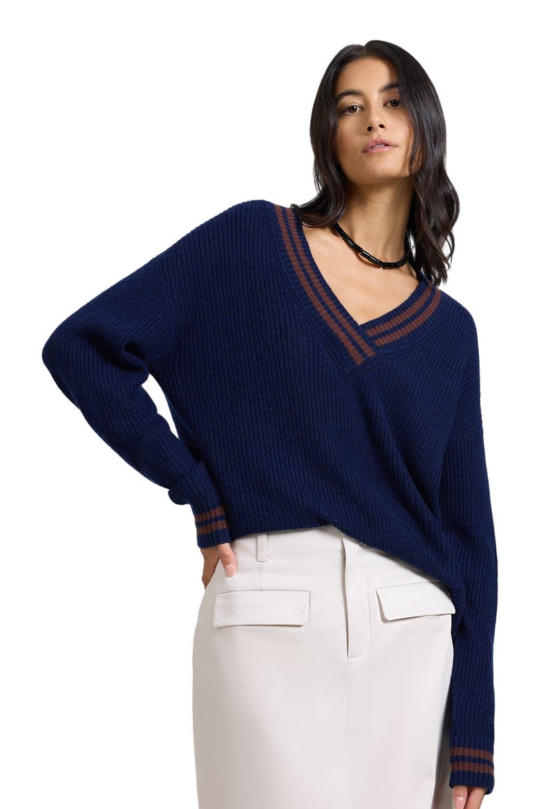 Deep V-neck Varsity Pullover Sweater, Alternate, color, NOIR NAVY/CHESTNUT