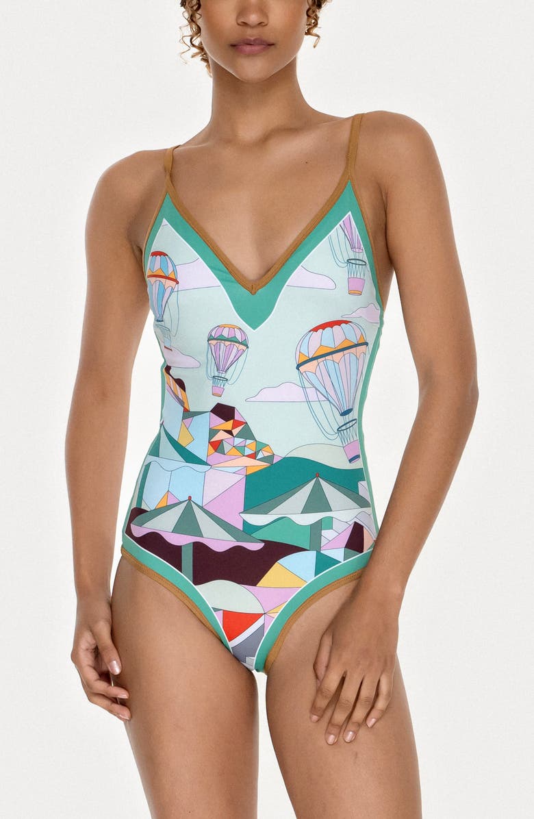 Jessie Zhao New York Jungle Adventure Reversible V-Neck One-Piece Swimsuit, Alternate, color, Blue