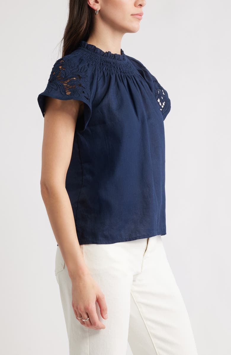Caslon<sup>®</sup> Embroidered Cutwork Linen Popover Top, Alternate, color, Navy
