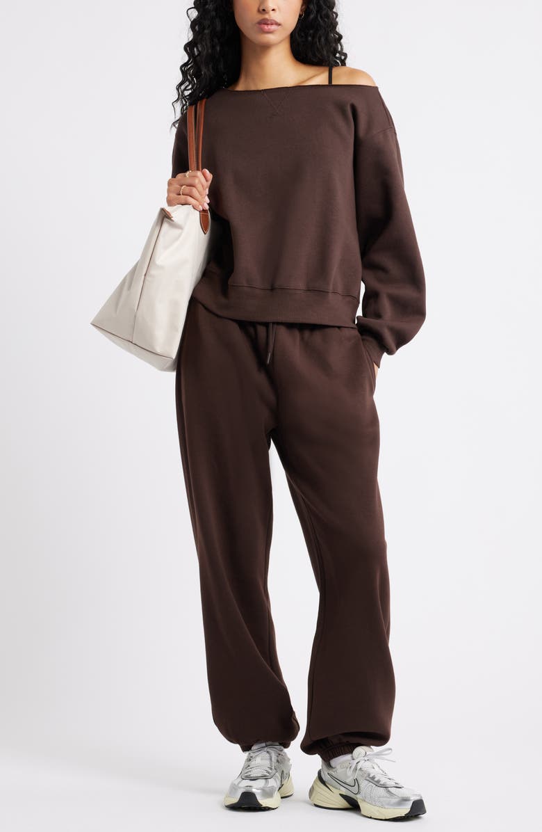 BP. Fleece Detail Off the Shoulder Sweatshirt, Alternate, color, Brown Coffee