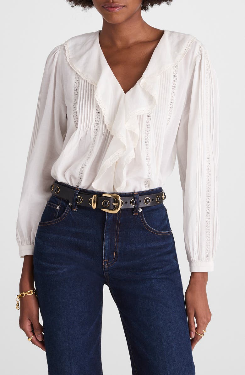 Madewell Lace Insert Ruffle Pintuck Long Sleeve Top, Main, color, Winter White
