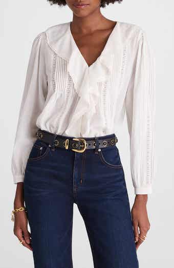 Lace Insert Ruffle Pintuck Long Sleeve Top