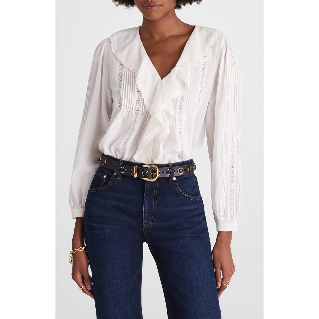 Madewell Lace Insert Ruffle Pintuck Long Sleeve Top in Winter White at Nordstrom, Size Large
