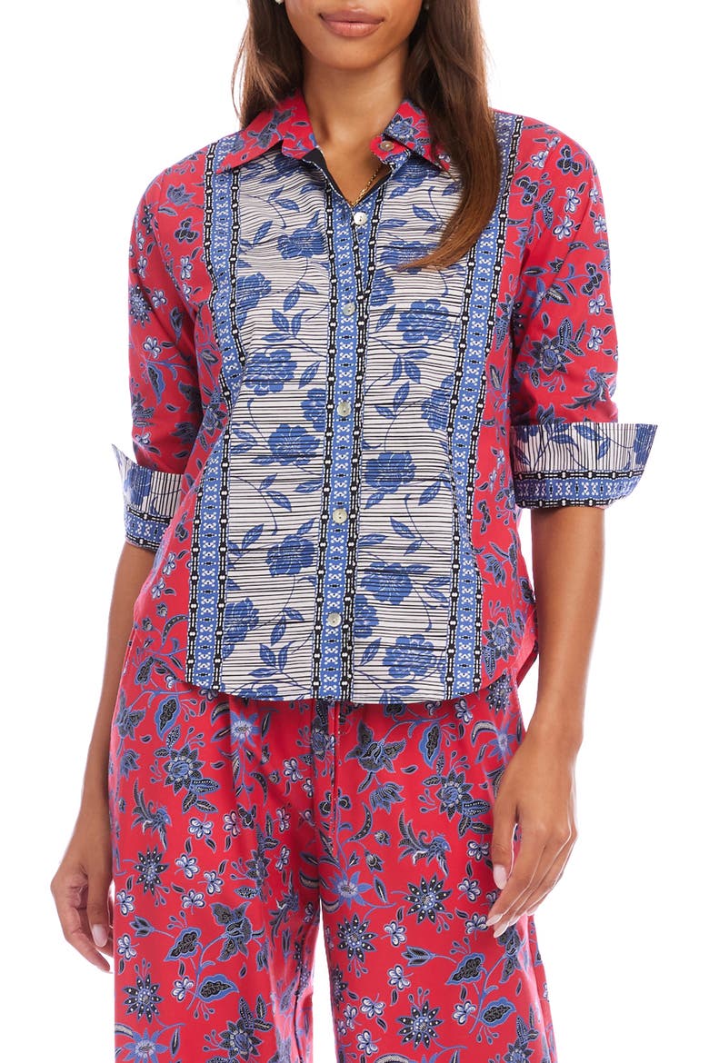 Floral Ruched Sleeve Cotton Button-Up Shirt, Main, color, RED