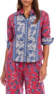 Karen Kane Floral Ruched Sleeve Cotton Button-Up Shirt