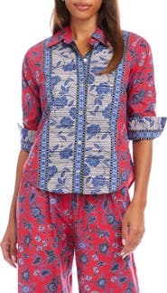 Karen Kane Floral Ruched Sleeve Cotton Button-Up Shirt