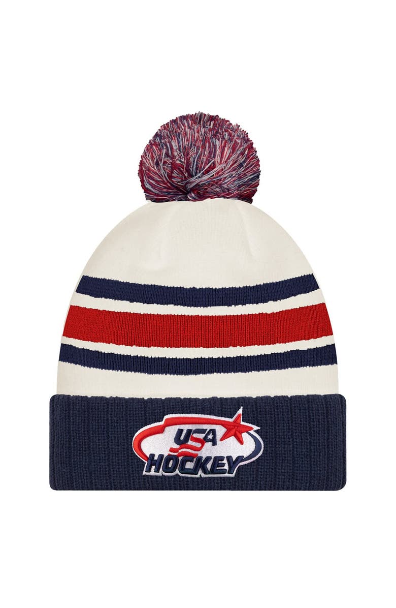New Era Men's New Era  White/Navy US Hockey Milano Cortina 2026 Winter Olympics Striped Cuffed Knit Hat with Pom, Main, color, White