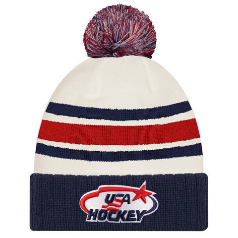 Men's New Era  White/Navy US Hockey Milano Cortina 2026 Winter Olympics Striped Cuffed Knit Hat with Pom
