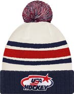 New Era Men's New Era  White/Navy US Hockey Milano Cortina 2026 Winter Olympics Striped Cuffed Knit Hat with Pom