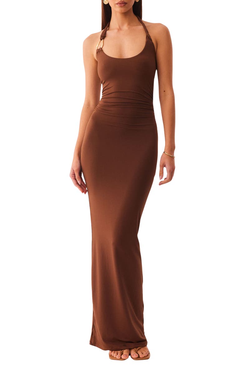 SNDYS Ash Hardware Detail Halter Maxi Dress, Main, color, Mocha
