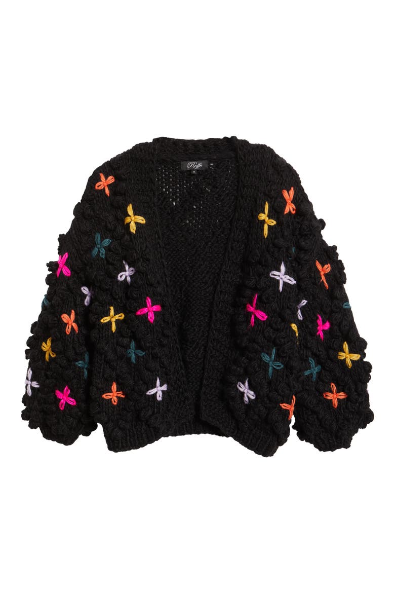 Embroidered Chunky Open Front Cardigan, Alternate, color, BLACK