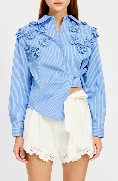 Lilith Stripe 3D Flower Asymmetric Button-Up Shirt