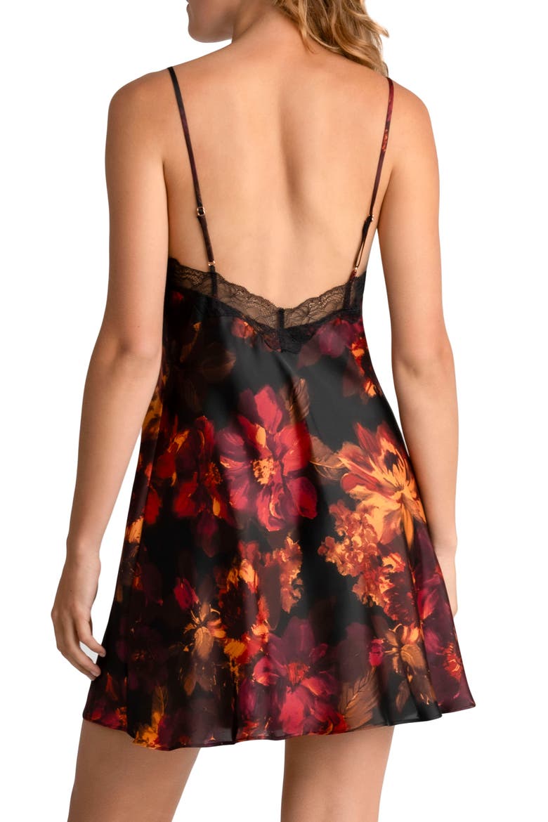 Dylan Floral Print Lace Trim Satin Chemise, Alternate, color, BLACK