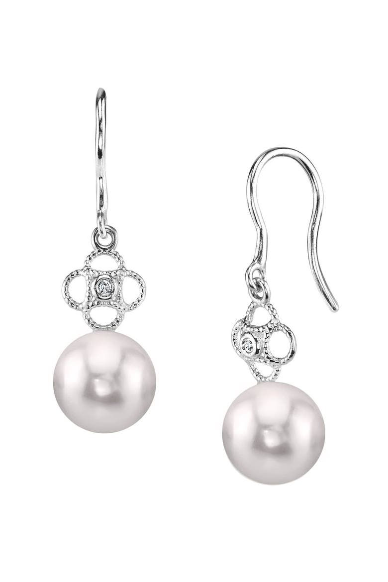Akoya Pearl & Diamond Lacy Earrings, Main, color, White Gold