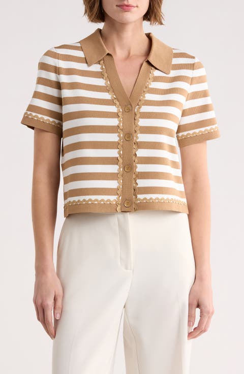 Stripe Lace Trim Short Sleeve Cardigan
