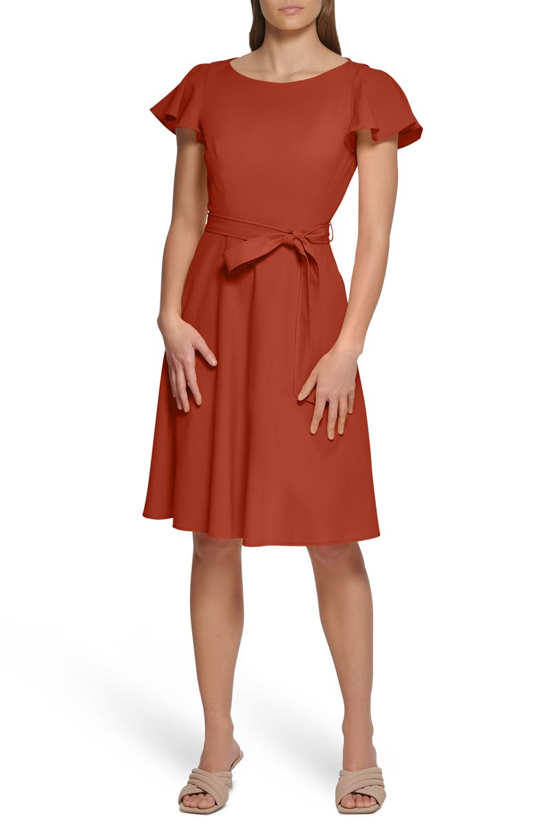 Calvin Klein Petal Cap Sleeve A-Line Dress, Main, color, Clay