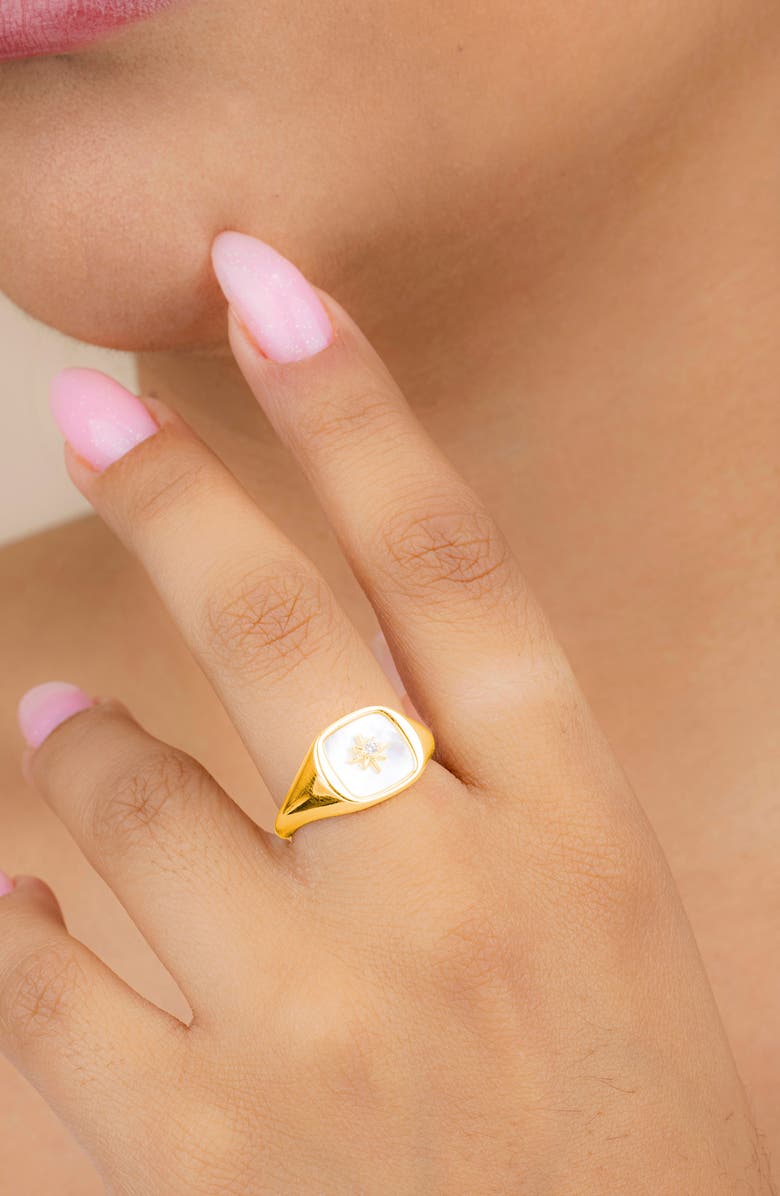 Sterling Forever Simona Mother of Pearl Cubic Zirconia Signet Ring, Alternate, color, Gold