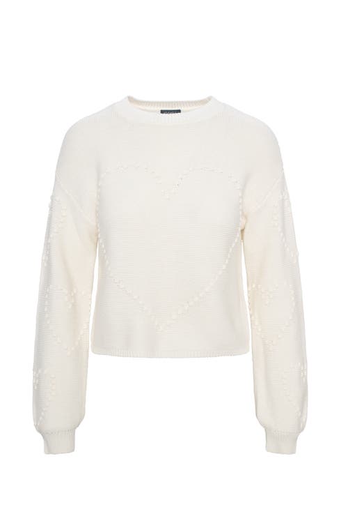 Noni Heart Pompom Long Sleeve Knit Sweater In White