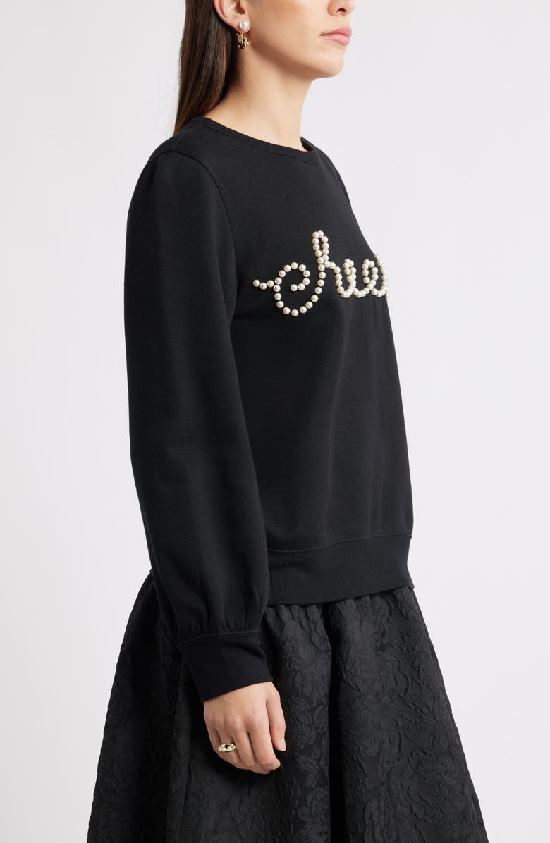 Caslon<sup>®</sup> Gretchen Imitation Pearl Embellished Balloon Sleeve Sweatshirt, Alternate, color, Black Cheers Embellishment