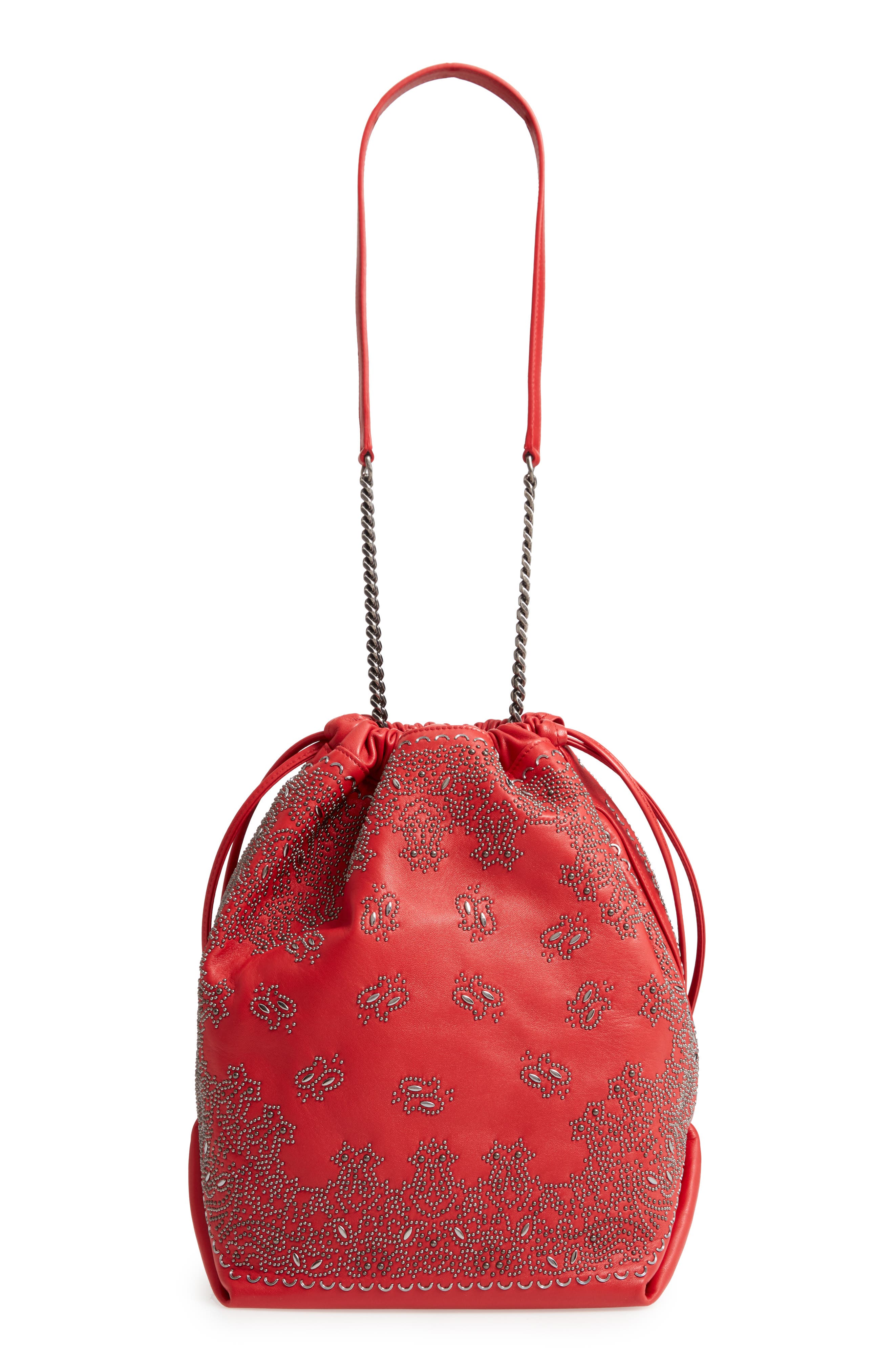 Saint Laurent Teddy Bandana Studded Leather Bucket Bag, Alternate, color, 