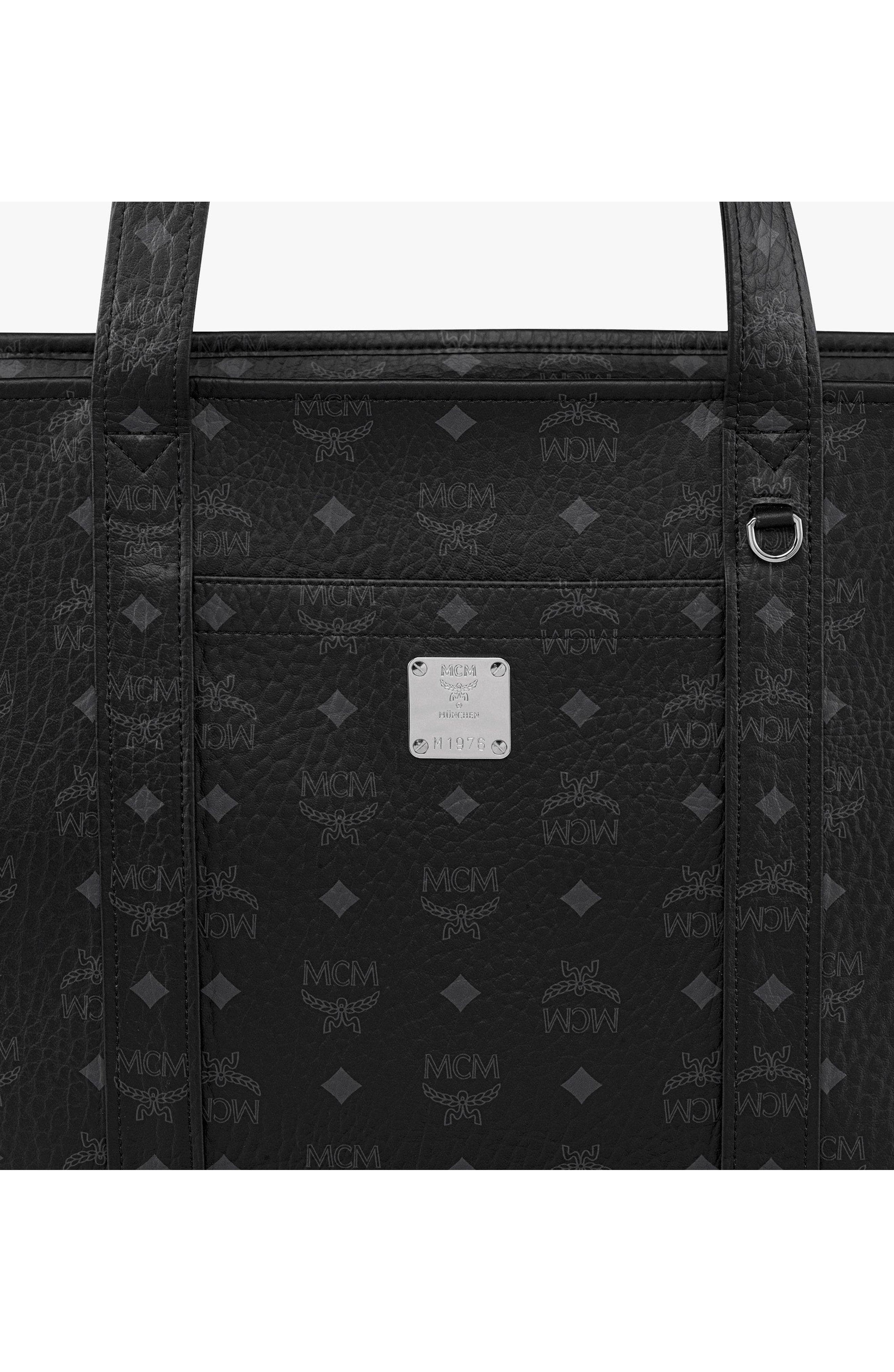 MCM Small Aren School Bag Tote in Visetos, Alternate, color, Black