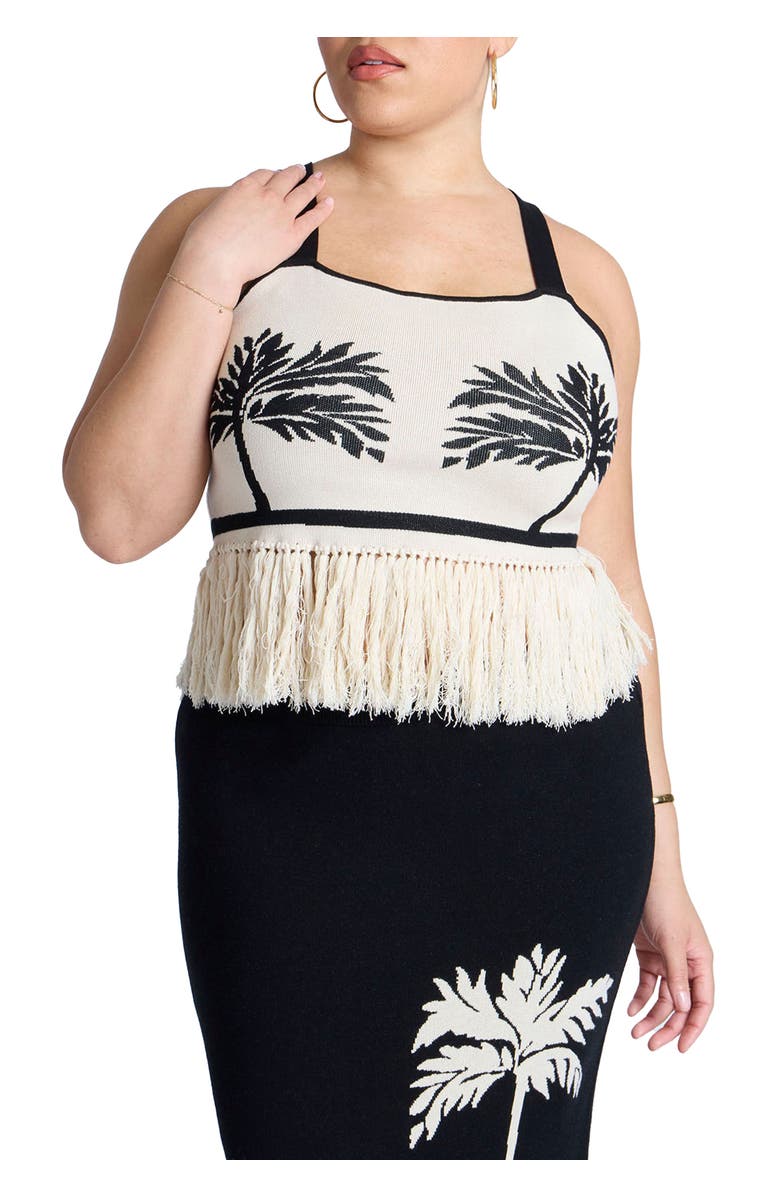 ELOQUII Fringe Crop Top, Main, color, Black White Trio Palm