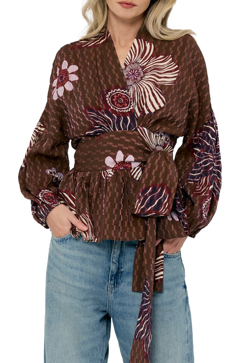 Opal Floral Balloon Sleeve Wrap Top, Main, color, BROWN MULTI