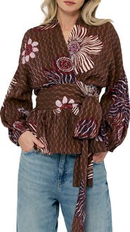 CIEBON Opal Floral Balloon Sleeve Wrap Top