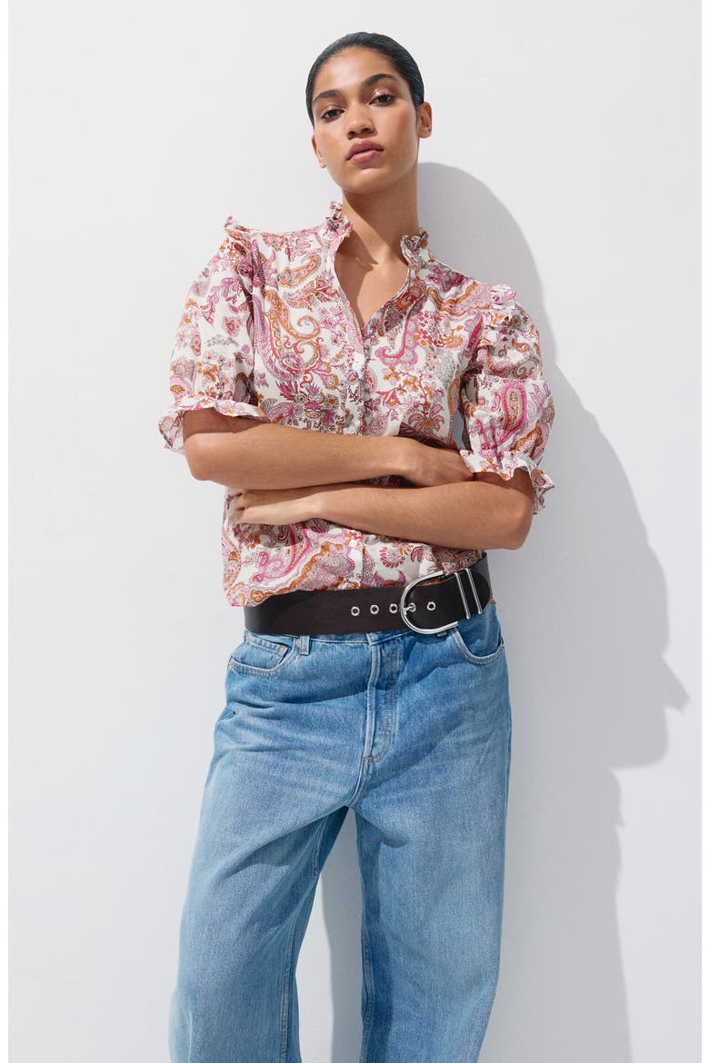 Paisley Printed Ruffled Top, Alternate, color, OFF WHITE