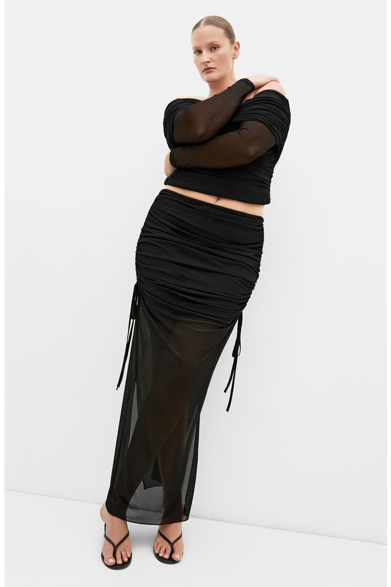 Shelly Ruched Mesh Midi Skirt, Alternate, color, BLACK