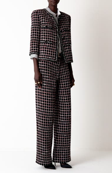 ST. JOHN Windowpane Check Mixed Media Crop Jacket | Nordstrom