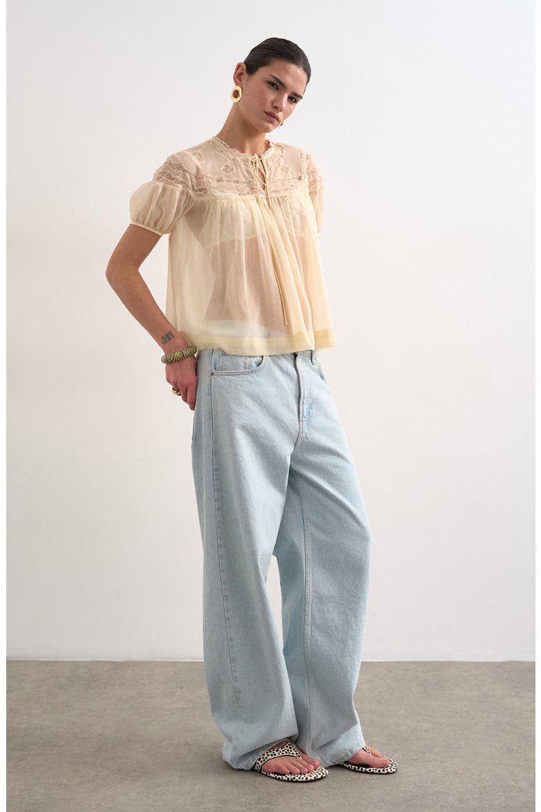 Sheer Tie Neck Lace Trim Top, Alternate, color, IVORY
