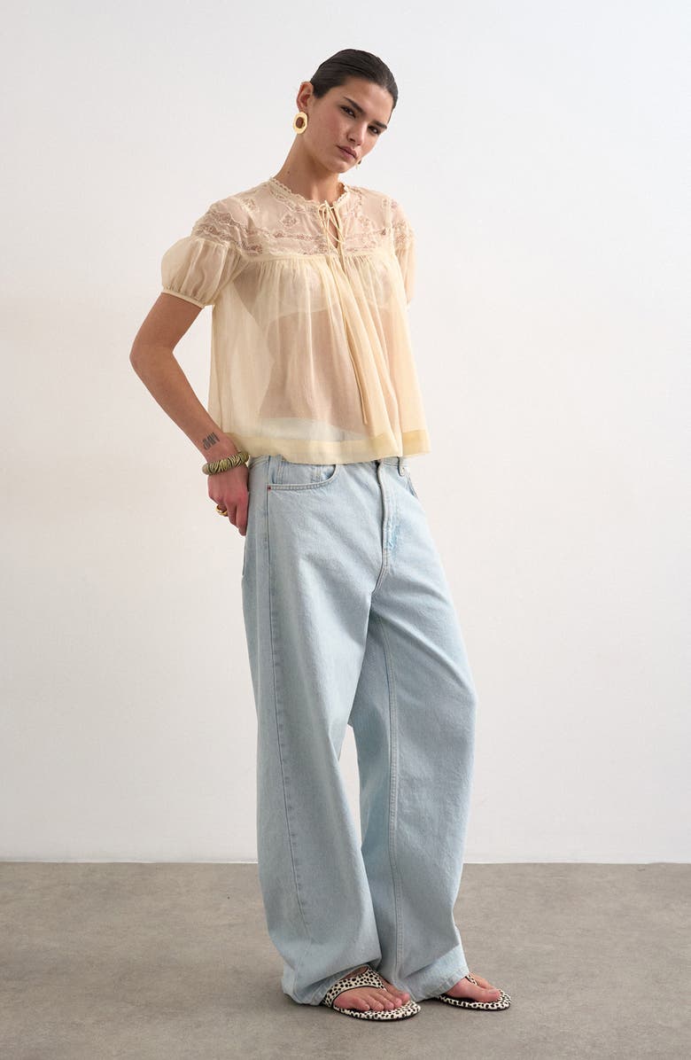 Topshop Sheer Tie Neck Lace Trim Top, Alternate, color, Ivory