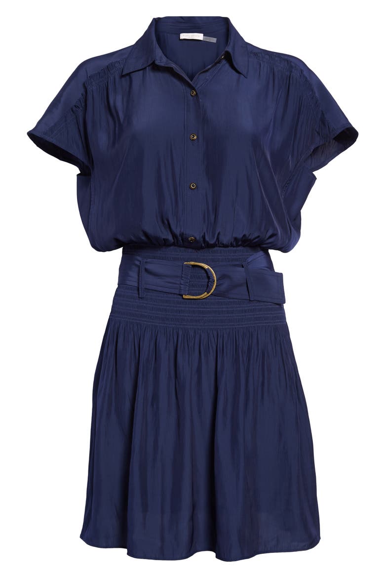 Stacy Short Sleeve Hammered Satin Shirtdress, Main, color, SPRING NAVY