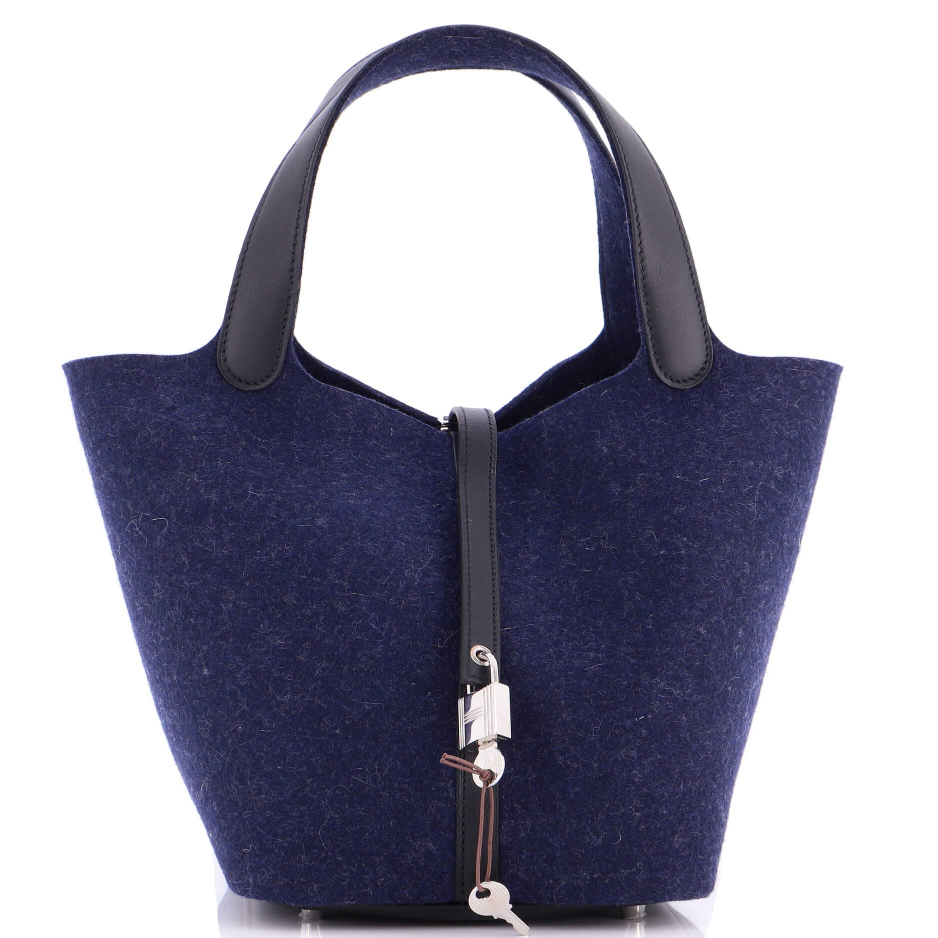 Pre-Owned Hermes Picotin Lock Bag Felt with Leather MM, Main, color, Bleu Nuit