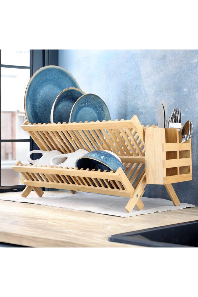 2 Tier Collapsible Kitchen Wood Drying Dish Rack, Alternate, color, Bamboo