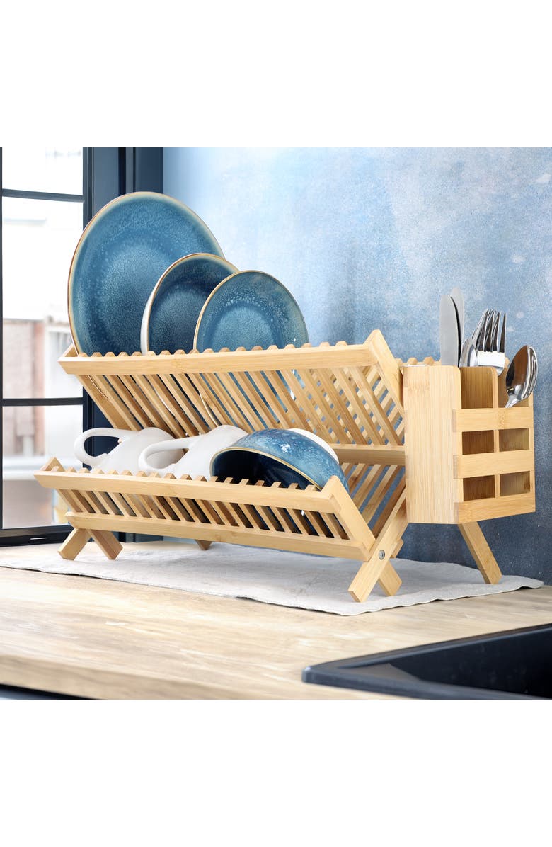 Megachef 2 Tier Collapsible Kitchen Wood Drying Dish Rack, Alternate, color, Bamboo