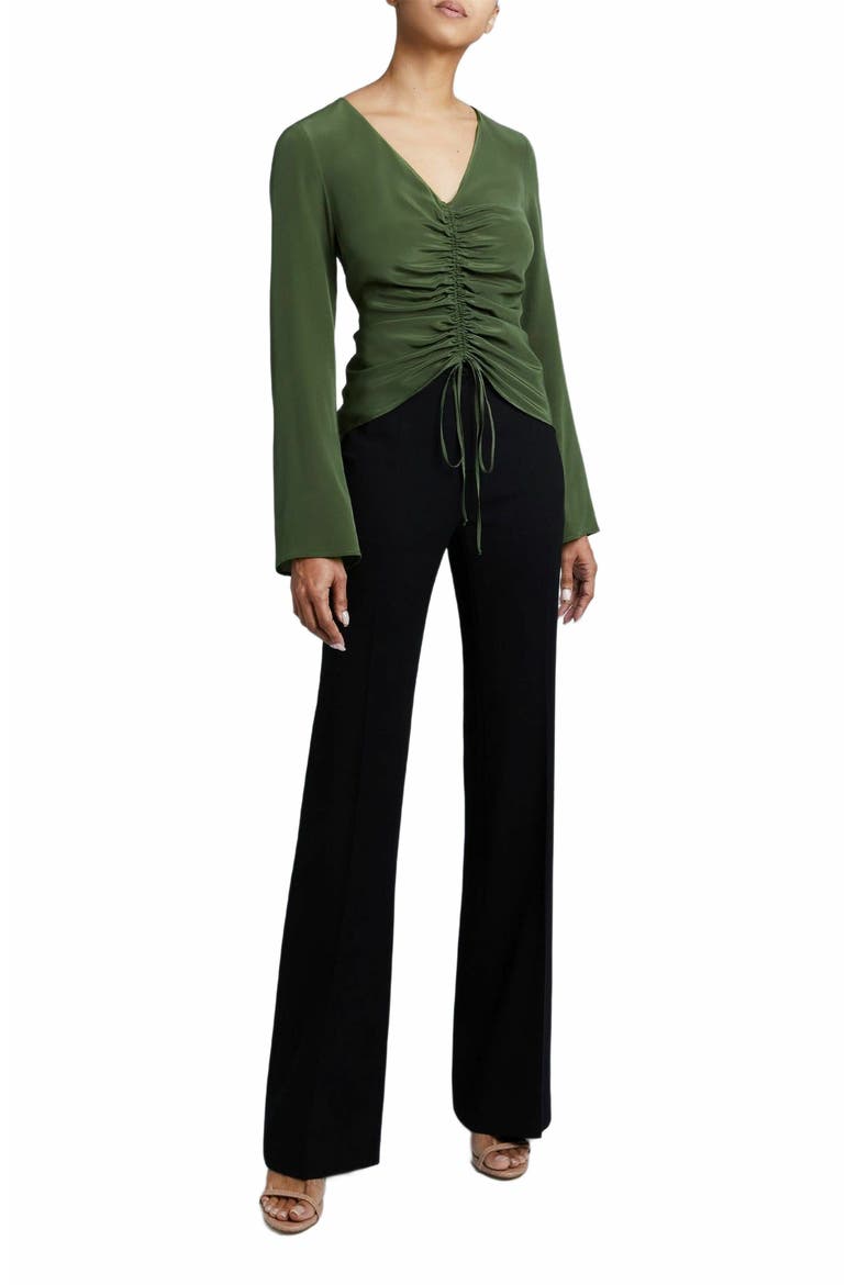 RAVELA Bell Sleeve Silk Blouse with Front Center Drawstring, Alternate, color, MOSS