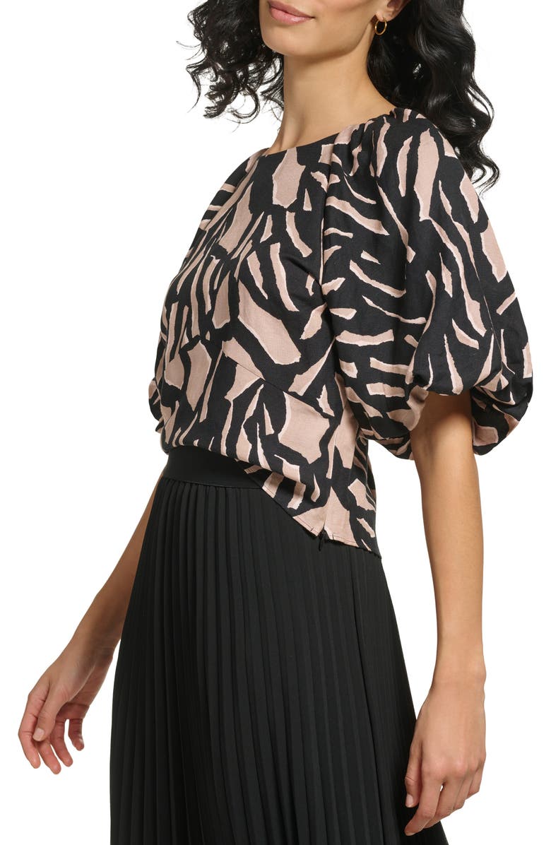 DKNY Abstract Print Puff Sleeve Linen Blend Blouse, Alternate, color,