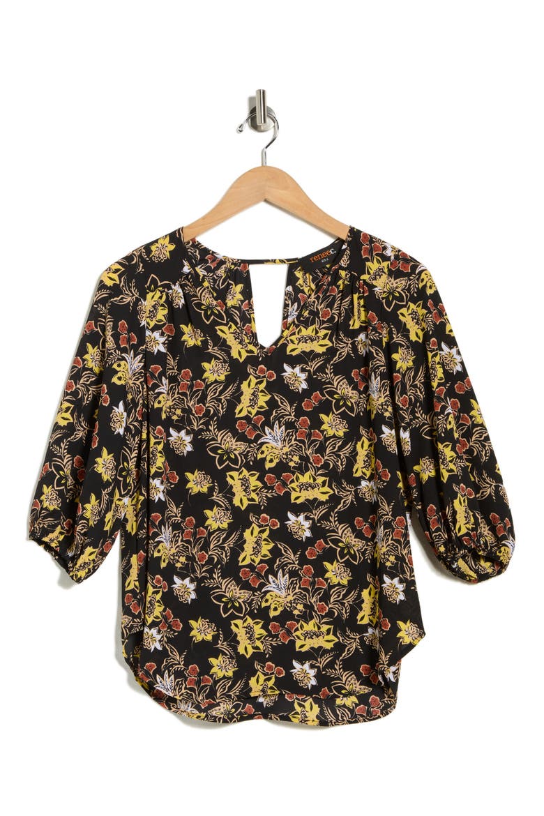 Floral Keyhole Top, Alternate, color, BLACK