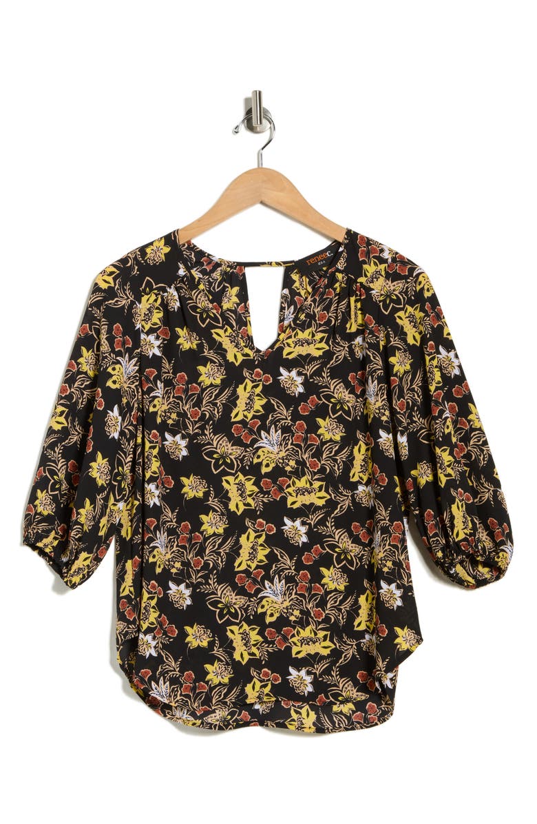 Renee C Floral Keyhole Top, Main, color, Black