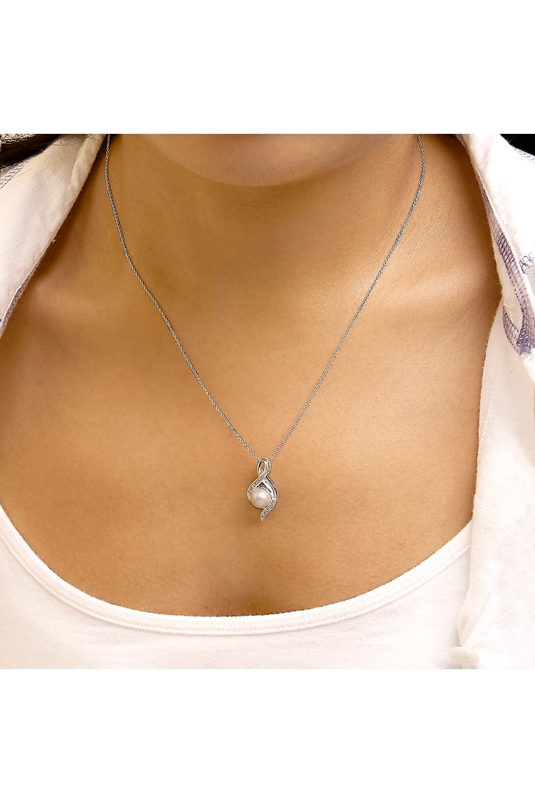 Sterling Silver 7mm Cultured Pearl and Diamond Accent Swirl Pendant Necklace, Alternate, color, White