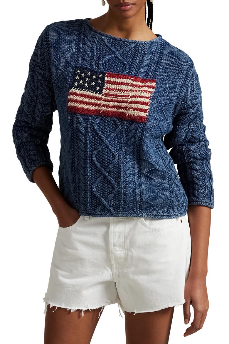 Flag Cable Knit Cotton Aran Sweater, Main, color, INDIGO/ MULTI